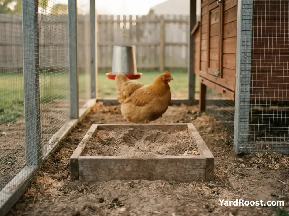 A dry dust bath sits in a ventilated backyard chicken run with a calm hen nearby.