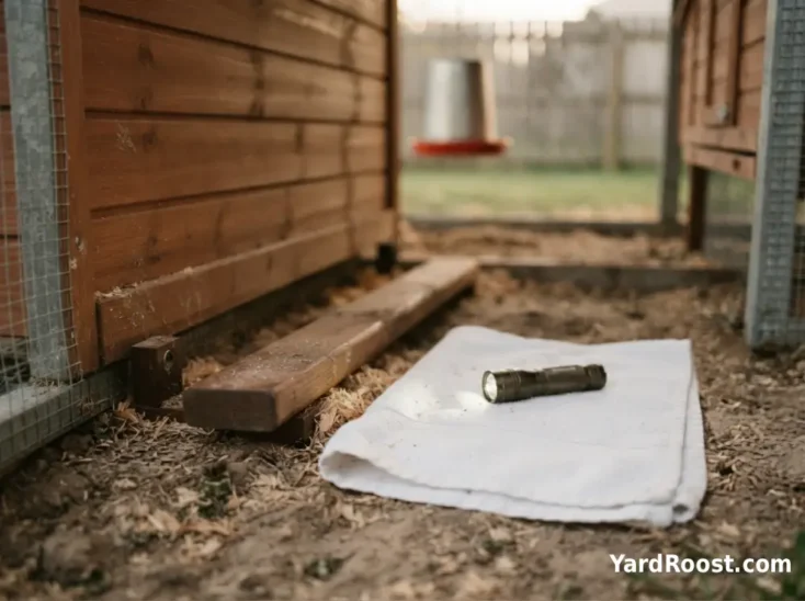A flashlight and white towel are set beside a chicken coop roost for checking mites.