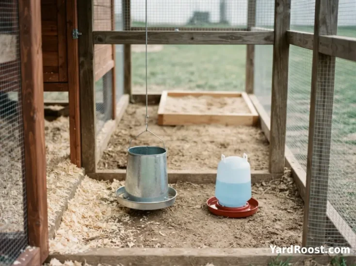 A chicken feeder and waterer are kept separate from a dry dust bath in a backyard run.