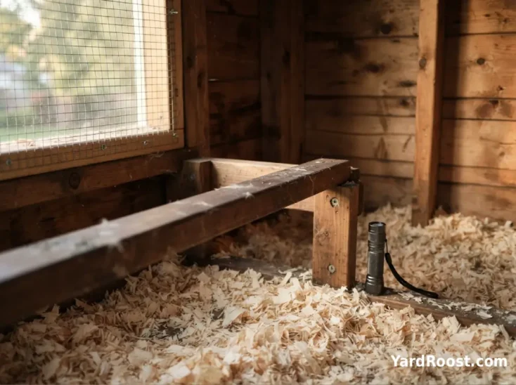 A removable chicken roost sits above clean pine shavings inside a tidy backyard coop.