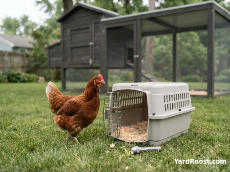 A calm hen stands near a clean crate and flashlight prepared for a backyard health check.