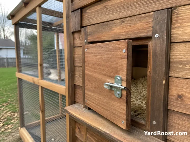 A sturdy wooden chicken coop pop door with hardware cloth and a secure latch in a backyard run.