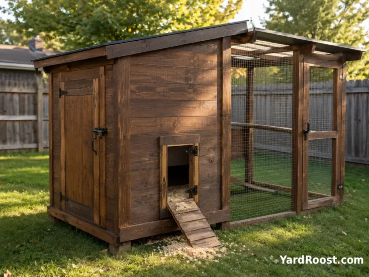 A backyard chicken coop with a small chicken pop door and a larger human access door.
