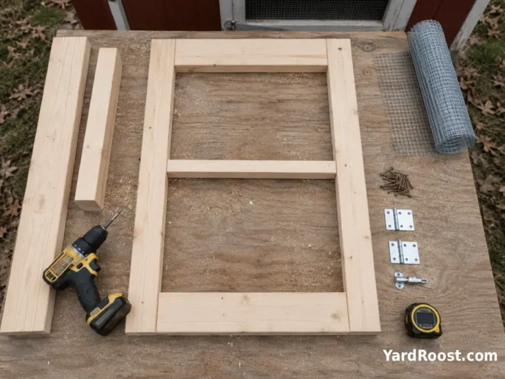 Basic tools and lumber laid out beside an unfinished chicken coop door frame.