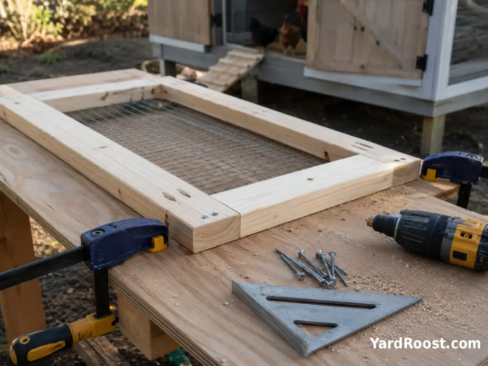 A partially built wooden chicken coop door clamped square on a work surface.