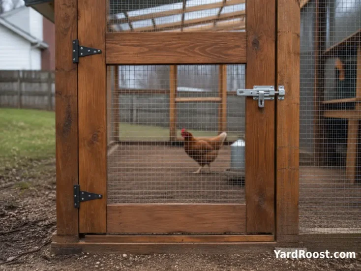 A wooden chicken run door with hardware cloth and a secure latch in a fenced backyard.