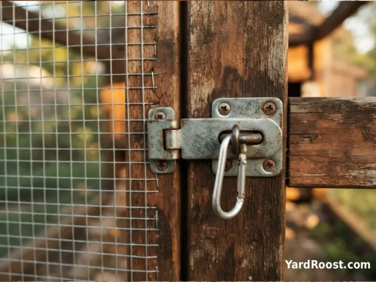 A predator-resistant coop door latch clipped shut with a carabiner.