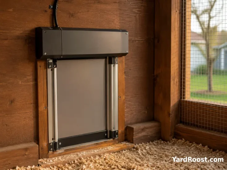 A small automatic chicken coop pop door mounted inside a wooden coop wall.