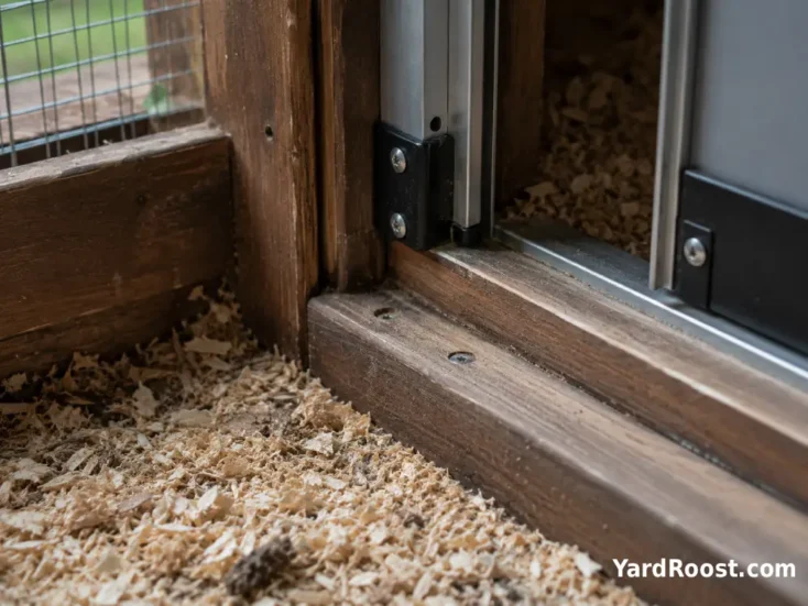 A chicken coop door threshold with bedding cleared away for seasonal maintenance.