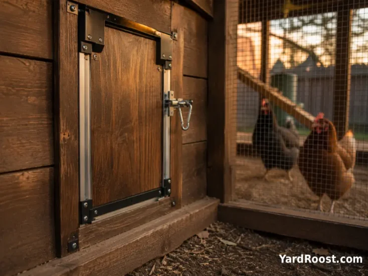 A finished chicken coop door closed securely at dusk with hens inside the run.