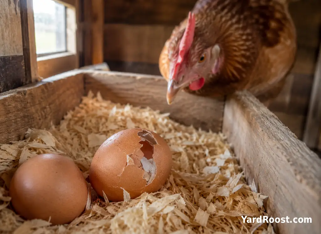 A cracked egg in a padded wooden nest box beside an investigating hen.