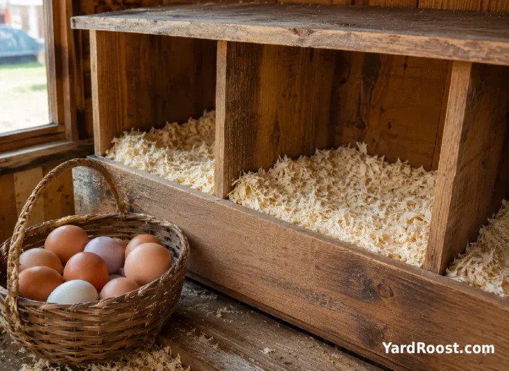 An egg basket beside a freshly cleaned and rebedded chicken nest box.
