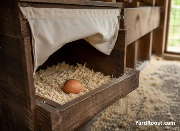 A dark wooden chicken nest box filled with clean pine shavings and one intact egg.