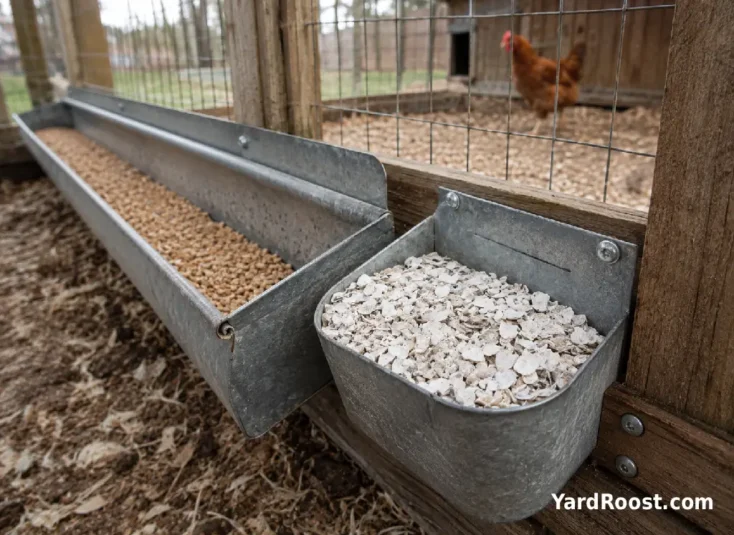 A layer feed trough and separate oyster shell feeder inside a chicken run.