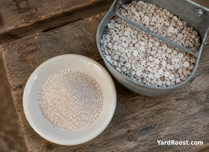 Finely crushed dried eggshell beside a separate feeder of oyster shell.