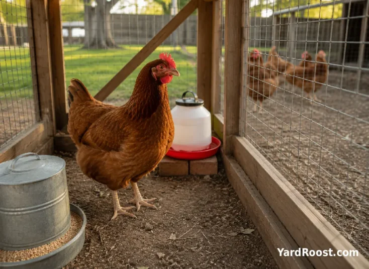 A calm hen in a secure observation pen beside the main chicken run.