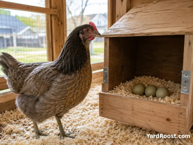 Olive Egger hen standing beside a nest box containing olive-colored eggs.