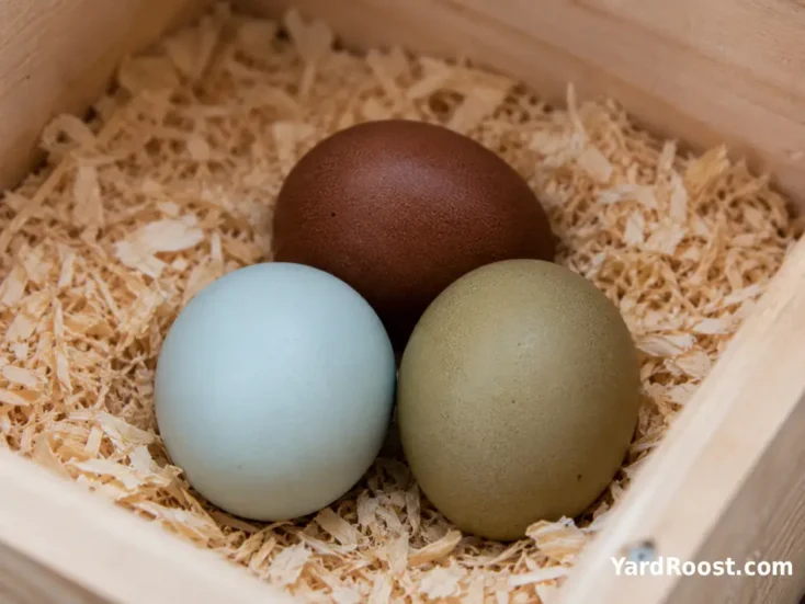 Blue, brown, and olive chicken eggs arranged together in a wooden nest box.