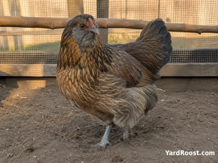 Mixed-color Olive Egger hen showing a pea comb, feathered cheeks, and slate legs.
