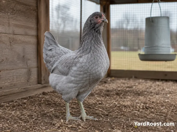 Blue-gray Sapphire Olive Egger hen standing in a covered backyard run.