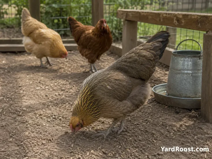 Calm Olive Egger hen foraging beside two mixed-breed hens in a secure run.