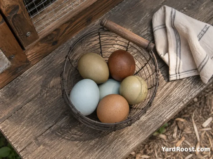 Basket containing olive, blue, and brown eggs collected from a backyard flock.