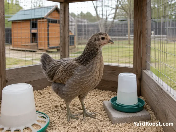 New Olive Egger pullet resting in a separate quarantine pen beside a secure coop.