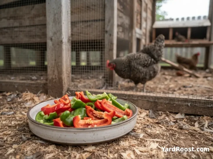 Sliced red and green bell peppers sit in a dish beside a backyard chicken run.