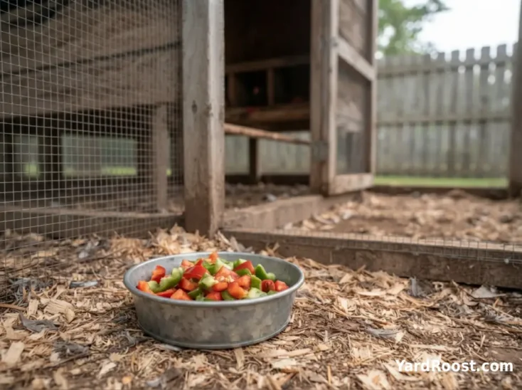 Chopped bell pepper pieces are served in a small bowl inside a clean chicken run.
