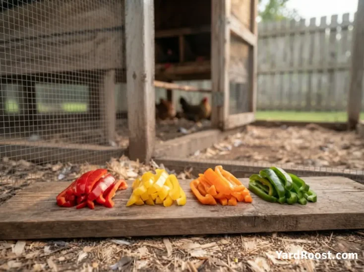 Four colors of bell pepper strips are arranged on a board beside a chicken run.