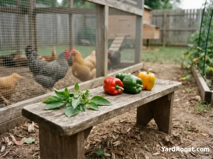 Bell pepper fruit is separated from pepper plant leaves near a backyard chicken run.