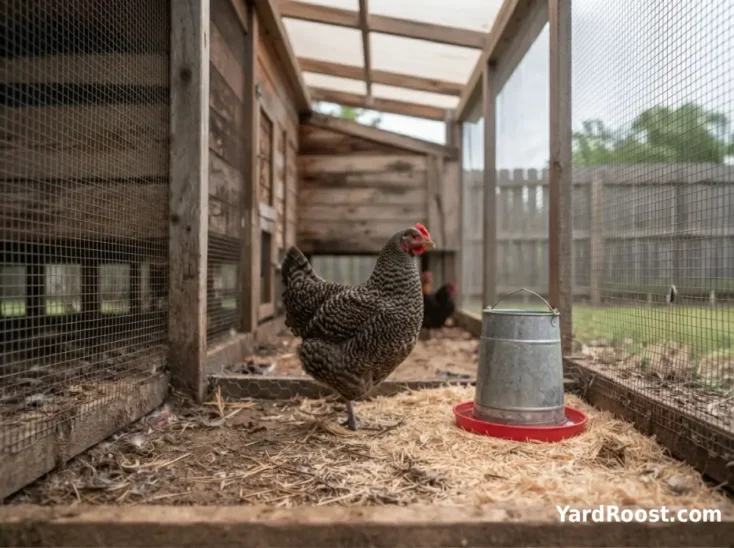A quiet hen stands apart near a clean waterer inside a backyard chicken run.