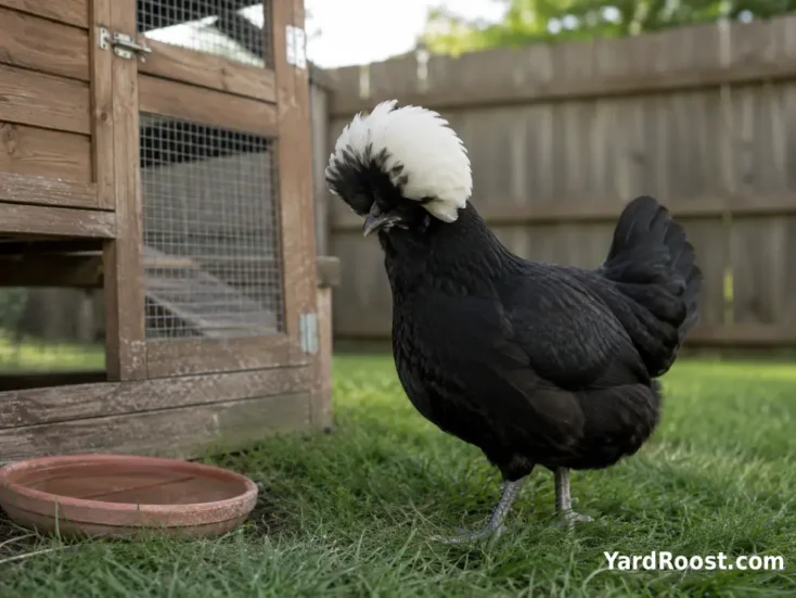 White Crested Black Polish hen beside a practical wooden backyard coop.