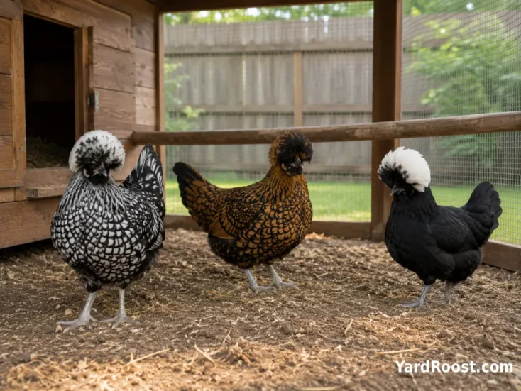 Silver laced, buff laced, and White Crested Black Polish chickens in a covered run.