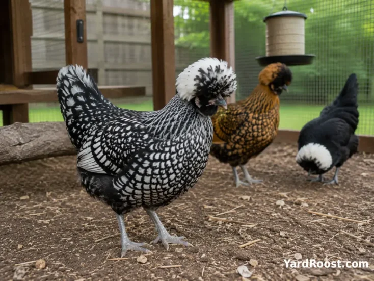 Silver laced Polish hen calmly foraging with gentle flockmates.
