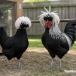 Adult Polish hen and rooster displaying rounded and pointed crest shapes.