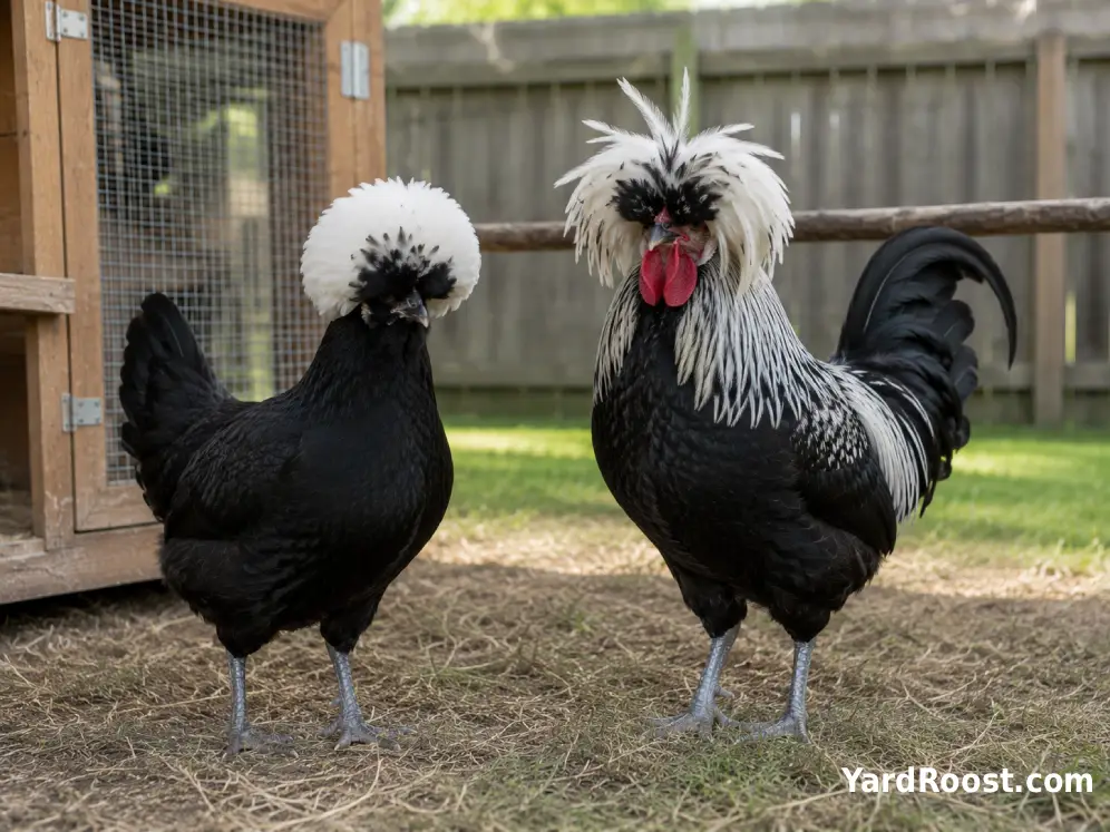 Adult Polish hen and rooster displaying rounded and pointed crest shapes.
