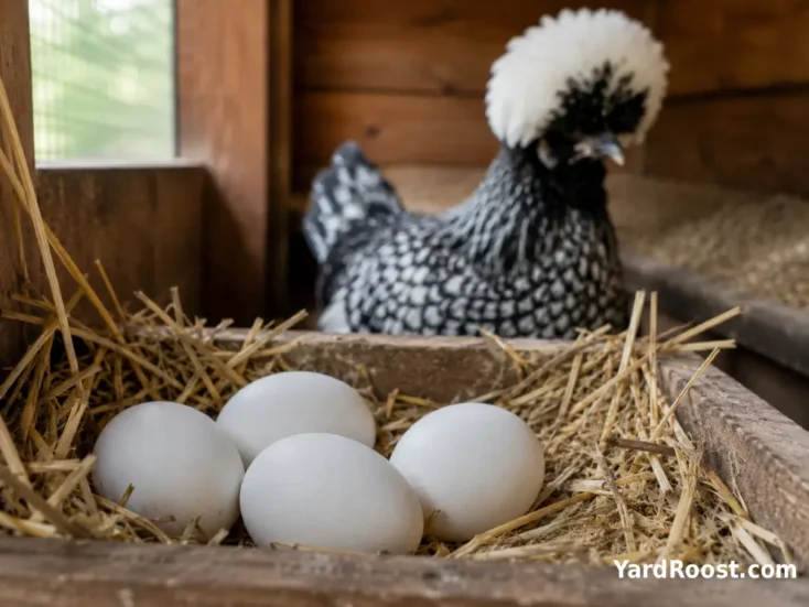 White Polish chicken eggs in a straw-lined nest box with a crested hen nearby.