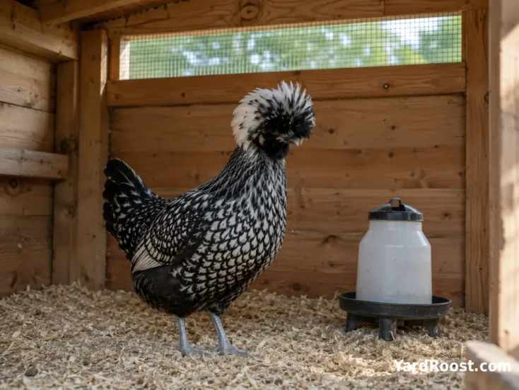 Dry-crested Polish hen inside a clean coop with high ventilation.