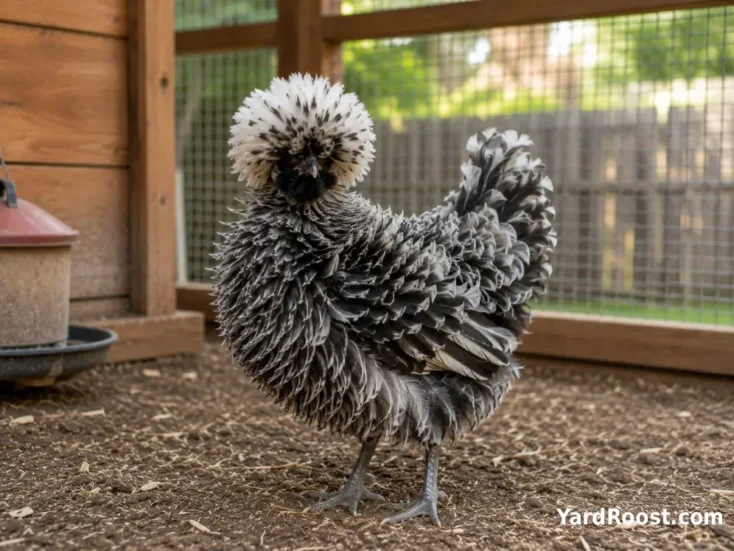Frizzle Polish hen showing outward-curving feathers in a covered run.