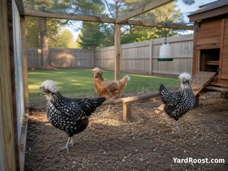 Healthy Polish hens exploring a secure covered backyard run.