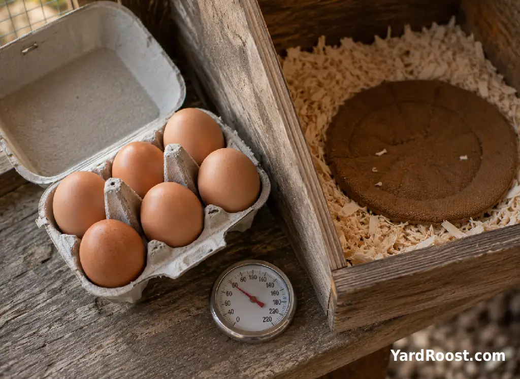 Clean backyard chicken eggs resting in a carton beside a coop nest box.