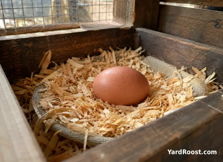 Fresh egg in a clean wooden nest box with dry pine shavings.
