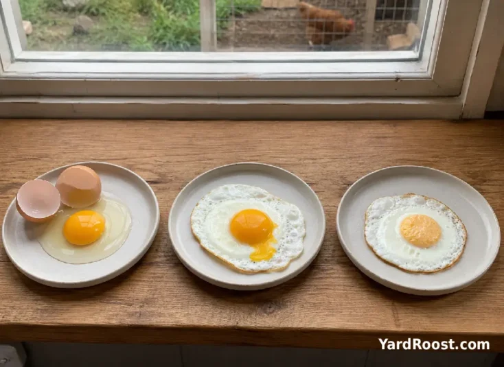 Three egg preparations showing raw egg, runny fried egg, and fully cooked egg.