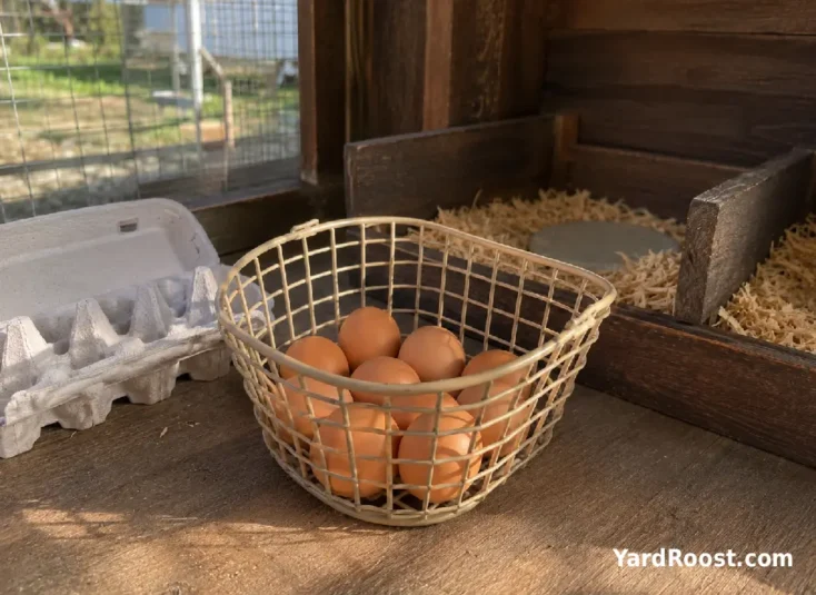 Backyard eggs being sorted into a clean carton beside a dry nest box.