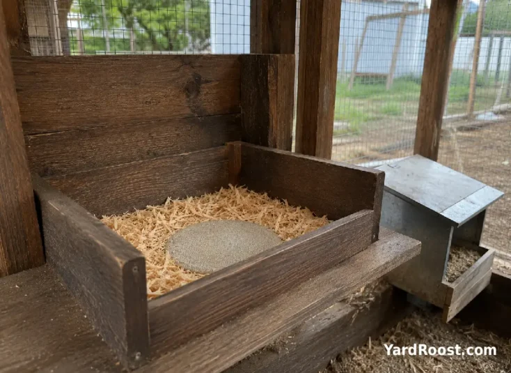 Clean dry chicken nest box with fresh bedding and no visible manure.