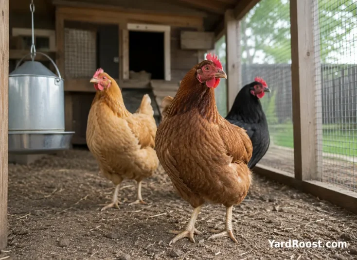 Healthy-looking hens standing in a clean covered backyard run.