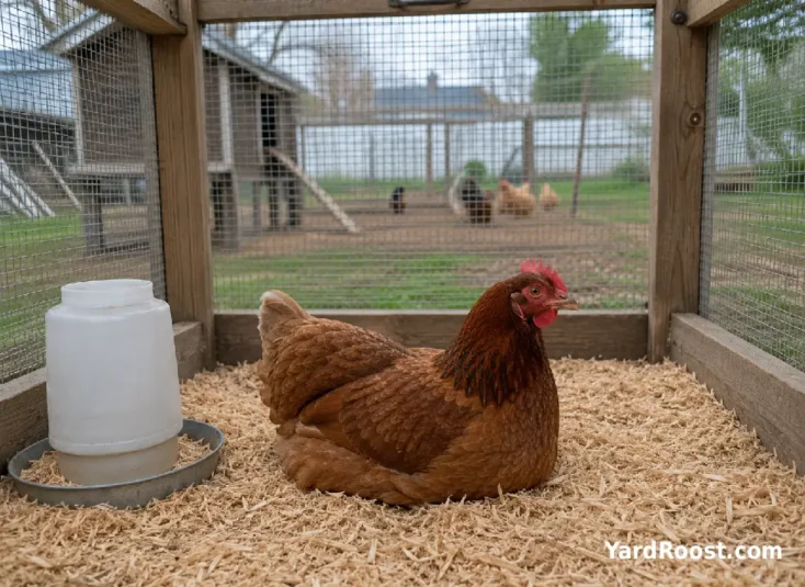 Quiet hen separated in a clean observation pen beside the main coop.