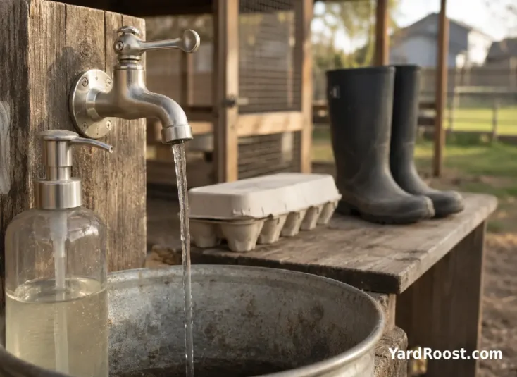 Carton of backyard eggs beside a soap dispenser at an outdoor handwashing station.