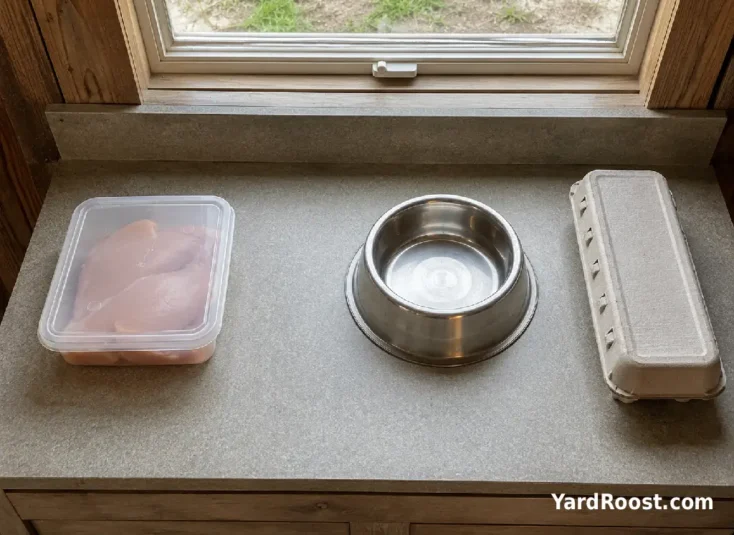 Sealed raw chicken container kept away from a dog bowl and backyard eggs.